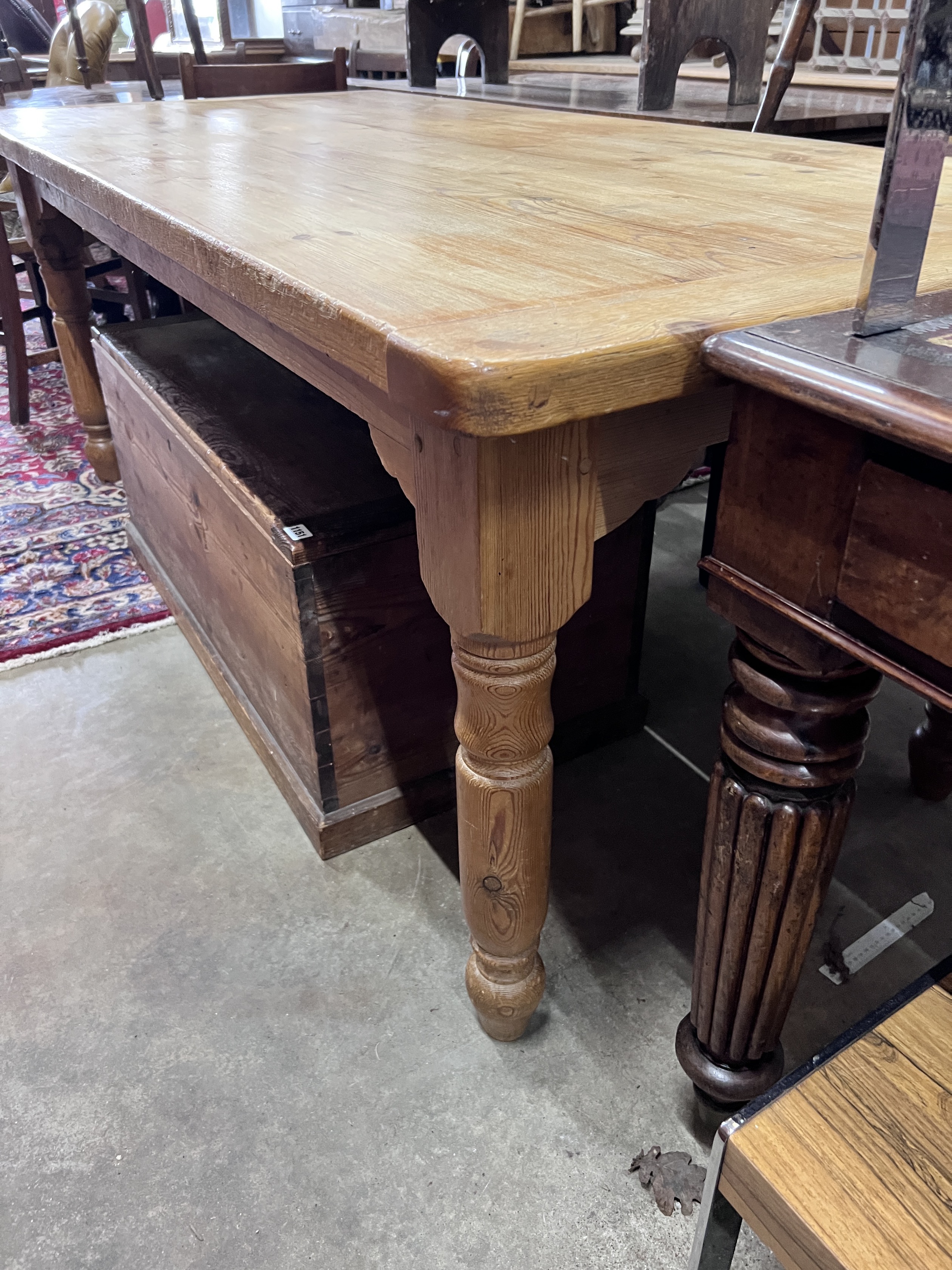 A Victorian style rectangular pine kitchen table, width 197cm, depth 90cm, height 75cm